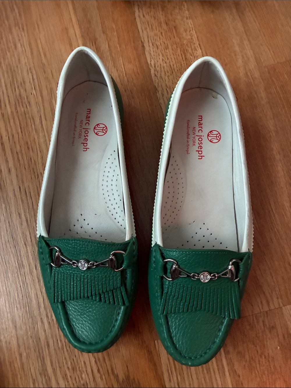 Marc Joseph Emerald Green Leather Fringe Loafers with Silver Bit